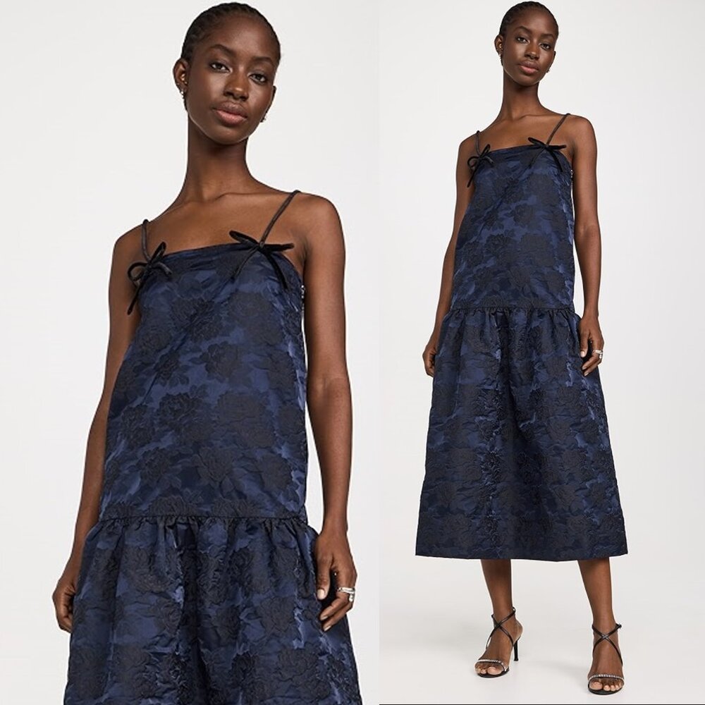 Ganni Navy Blue Jacquard Midi Dress